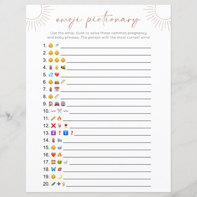 Dubbelzijdige Boho Sun Emoji Baby shower Game Kaar (Voorkant)