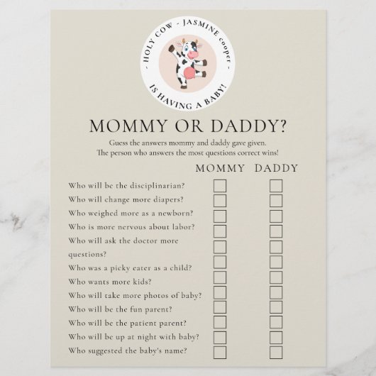 Dubbelzijdige flyer voor baby shower spel (Voorkant)