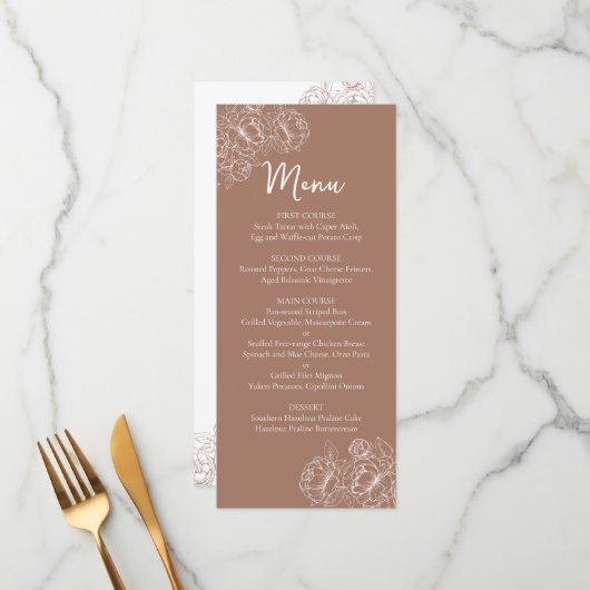 Dubbelzijdige Mocha Mousse Boho Floral Wedding Bar Menu (Voorkant / Achterkant in situ)