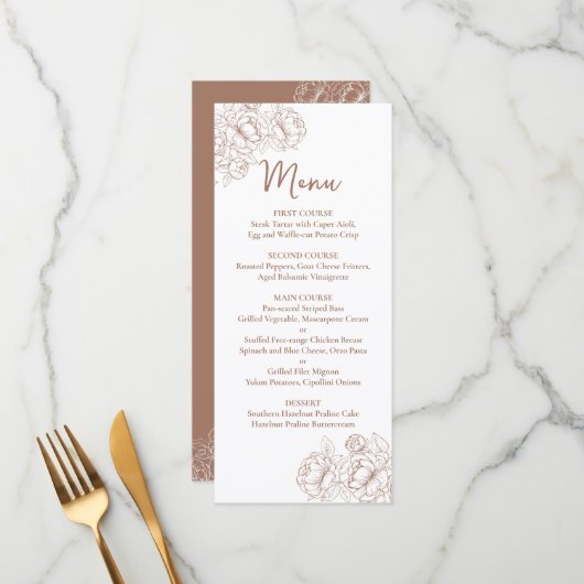 Dubbelzijdige Mocha Mousse Boho Floral Wedding Bar Menu (Voorkant / Achterkant in situ)