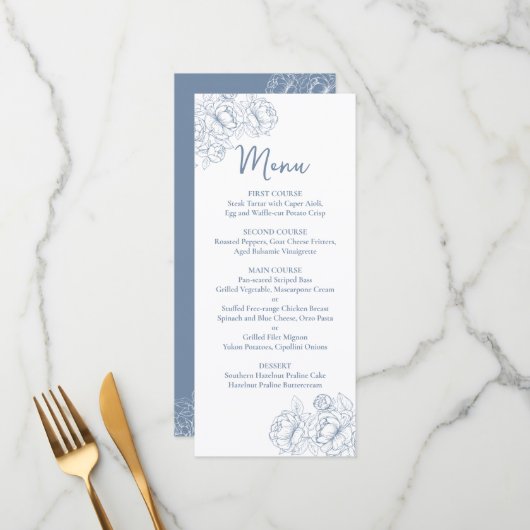 Dubbelzijdige Periwinkle Boho Floral Wedding Drink Menu (Voorkant / Achterkant in situ)