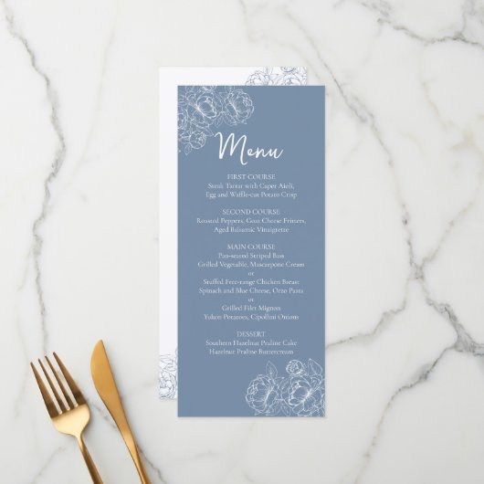 Dubbelzijdige Periwinkle Boho Floral Wedding Drink Menu (Voorkant / Achterkant in situ)