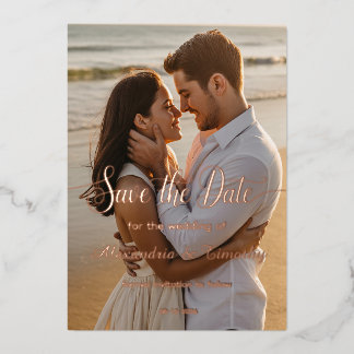 Dubbelzijdige roze gouden folie save the date foto uitnodiging