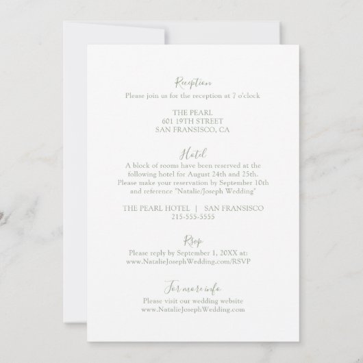 Dubbelzijdige Sage Green Boho Modern Wedding Kaart (Achterkant)