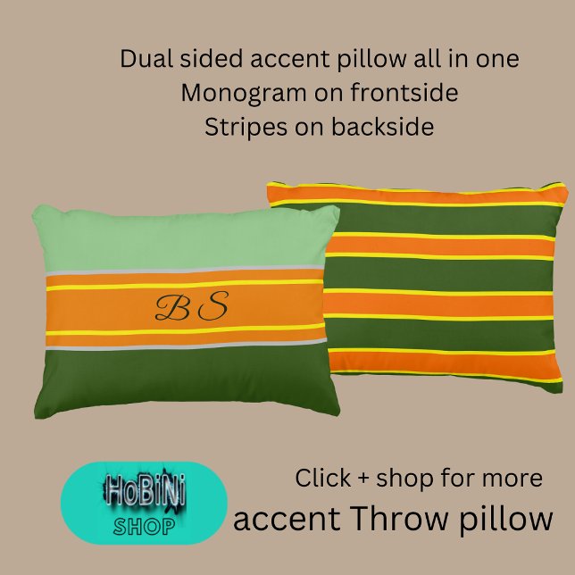 Dubbelzijdige salie groen sinaasappel tinten monog accent kussen (Dual sided throw pillow all in one
Monogram on frontside
Stripes on backside)