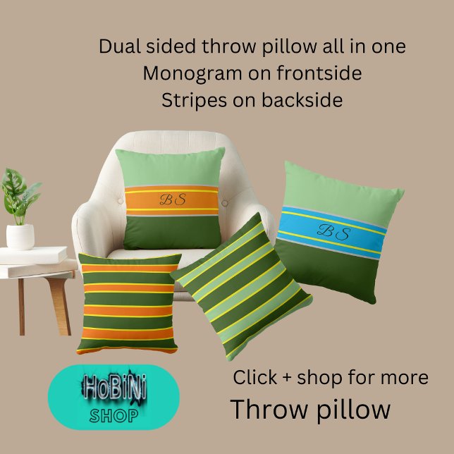 Dubbelzijdige salie groen sinaasappel tinten monog kussen (Dual sided throw pillow all in one
Monogram on frontside
Stripes on backside)