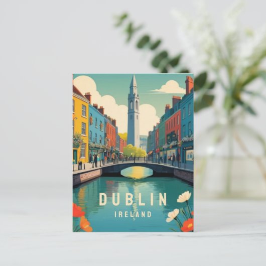 Dublin Ierland Retro Travel Art Floral Tower River Briefkaart (Staand voorkant)