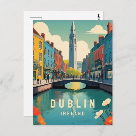 Dublin Ierland Retro Travel Art Floral Tower River Briefkaart (Voorkant / Achterkant)