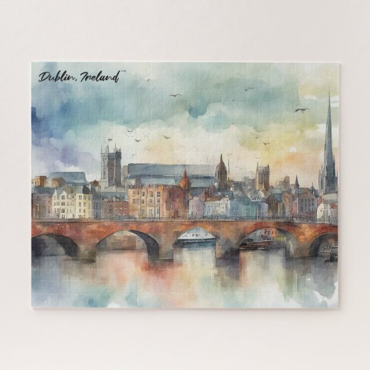 Dublin Ireland City Silhouette Waterverf Painting Legpuzzel (Horizontaal)