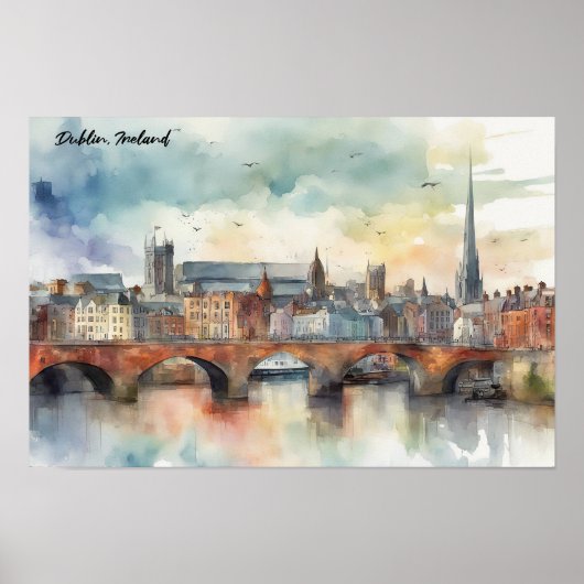 Dublin Ireland City Silhouette Waterverf Painting Poster (Voorkant)