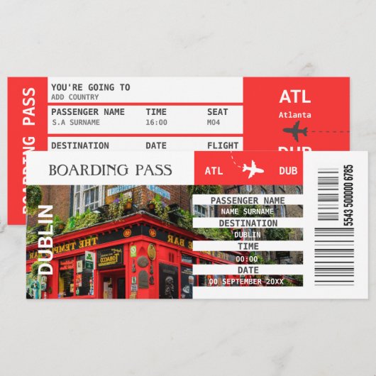 Dublin vliegtuigboarding pass weekeinde kaart (Voorkant / Achterkant)