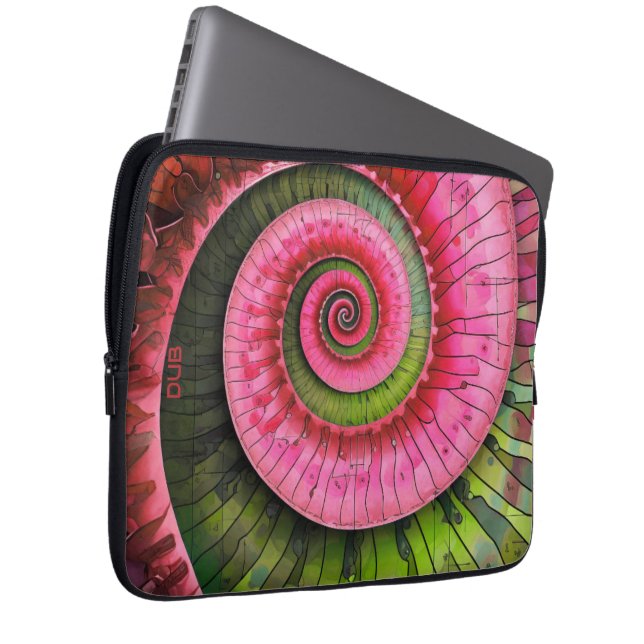 Dubman Designs: Glowende Roze en Groene Fibonacci Laptop Sleeve (Voorkant Rechts)