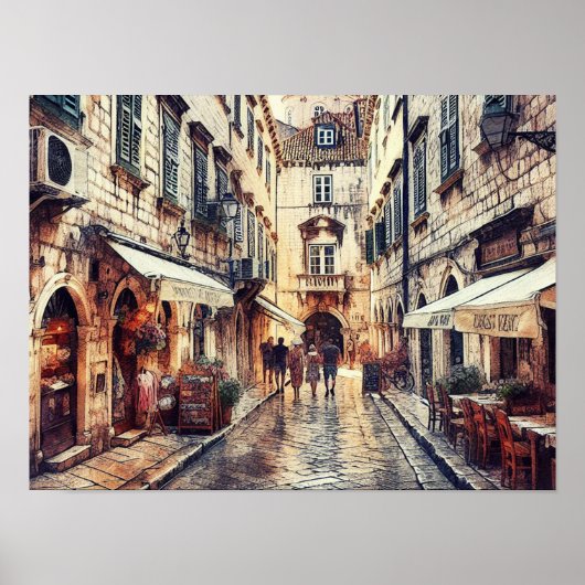 Dubrovnik Kroatië Street Tower waterverf Poster (Voorkant)