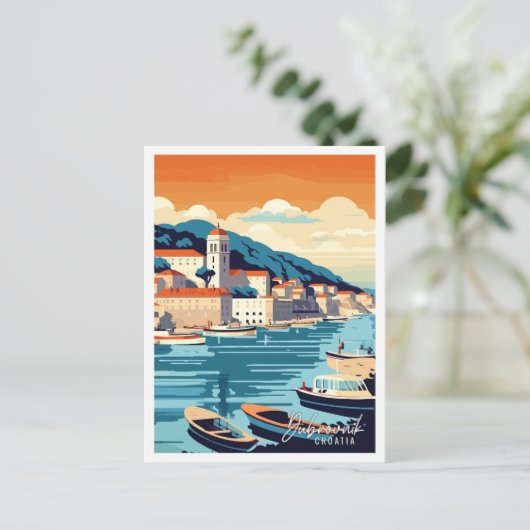 Dubrovnik Kroatië vintage reisillustratie Briefkaart (Staand voorkant)