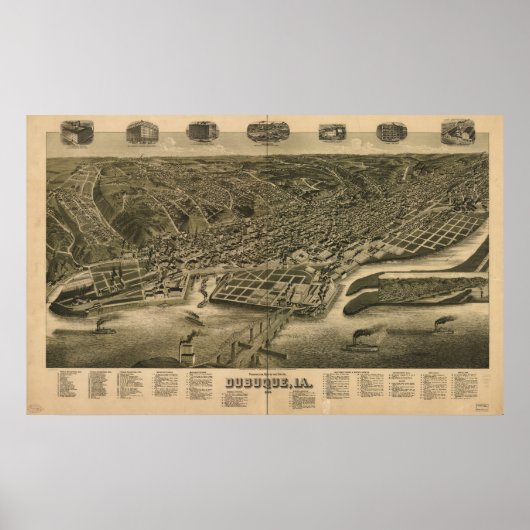 Dubuque Iowa 1889 Antiek Panorama Poster (Voorkant)