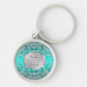 Duchess Blauwgroen Damask Silver Plaque Pet Tag Sleutelhanger