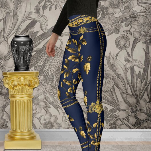 Duchess Gold Leaf Chain Lion Emblem Navy Blue Leggings
