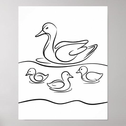Duck and Ducklings Line Art Poster | Ierse rivier (Voorkant)