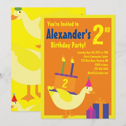 Duck Animal Kind Birthday Party Invitations Kaart (Voorkant / Achterkant)
