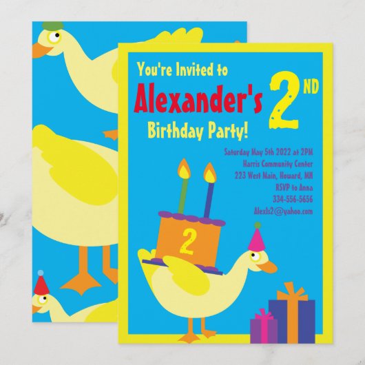 Duck Animal Kind Birthday Party Invitations Kaart (Voorkant / Achterkant)