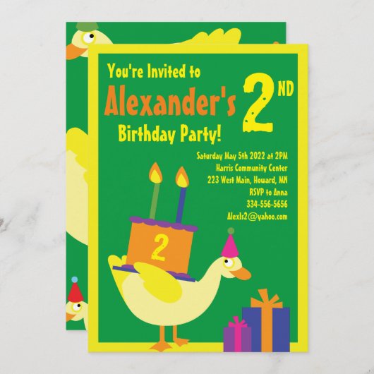 Duck Animal Kind Birthday Party Invitations Kaart (Voorkant / Achterkant)