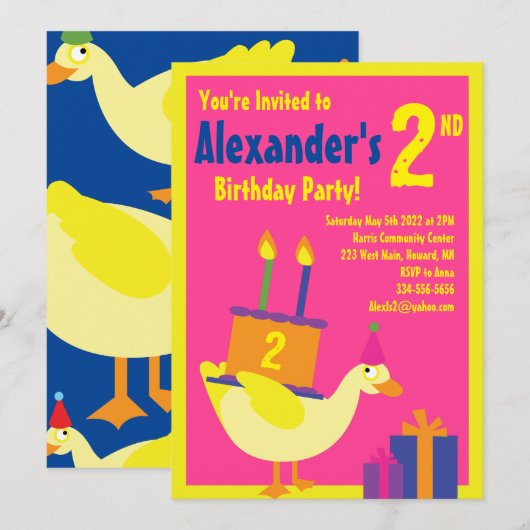 Duck Animal Kind Birthday Party Invitations Kaart (Voorkant / Achterkant)
