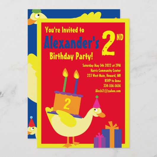 Duck Animal Kind Birthday Party Invitations Kaart (Voorkant / Achterkant)