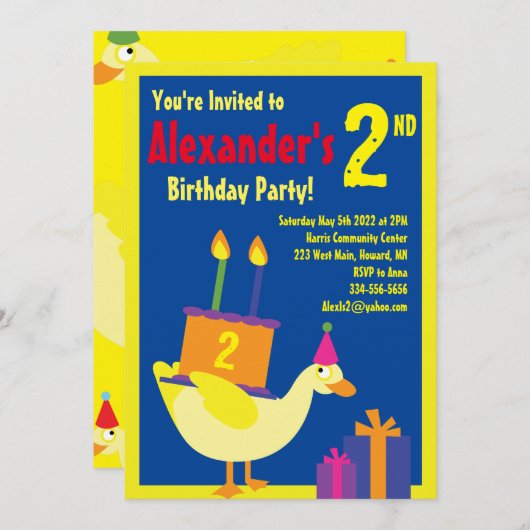 Duck Animal Kind Birthday Party Invitations Kaart (Voorkant / Achterkant)