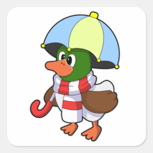 Duck at Raining with Umbrella Vierkante Sticker