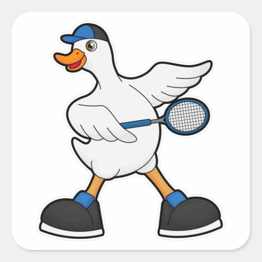 Duck at Tennis with Tennis racket & Cap Vierkante Sticker (Voorkant)