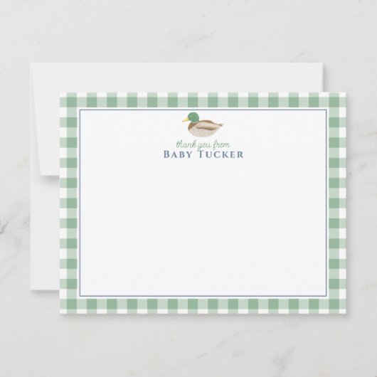 Duck Baby Boy Dank je Preppy Gingham Stationery Notitiekaartje (Voorkant)
