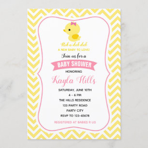 Duck Baby Girl Shower Invitations (Gele Chevron) Kaart