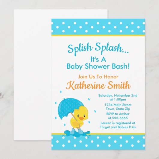Duck Baby shower Invitation Baby Duck Boy Kaart (Voorkant / Achterkant)