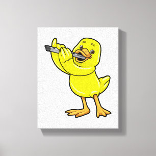 Duck bij Muziek met Flute Canvas Afdruk