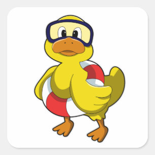 Duck bij Zwemmen met Swim ring & Diving Goggles Vierkante Sticker