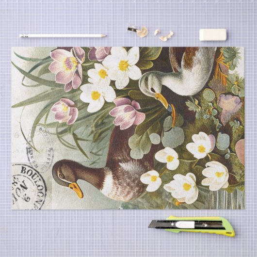 Duck Bird Decoupage Bloemen Frans Postmerk  Tissuepapier (Craft)