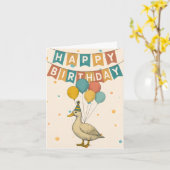 Duck Birthday Kaart – grillig dier met ballon (Gele Bloem)