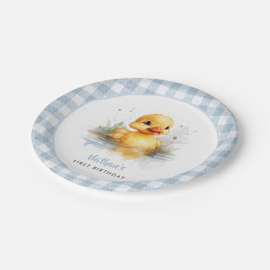 Duck Blue Gingham Verjaardagspapier Bord (Gekanteld)