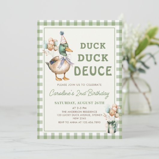 Duck Duck Deuce Balloon 2e verjaardag uitnodiging (Staand voorkant)