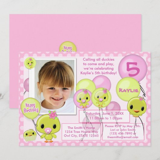 Duck Ducky verjaardagsuitnodiging roze geel (foto) Kaart (Voorkant / Achterkant)