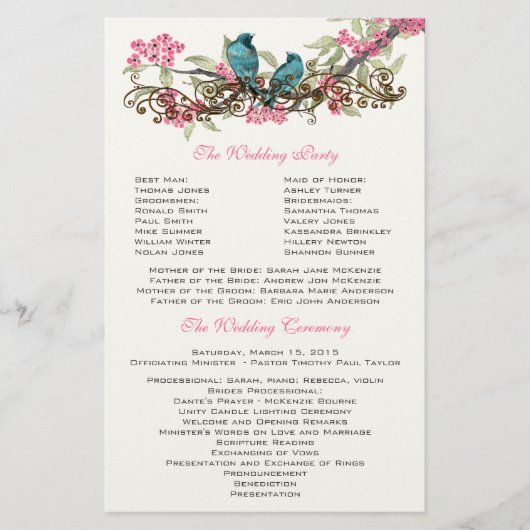 Duck Egg Blue  Birds & Pink Wedding Programme Briefpapier (Voorkant)