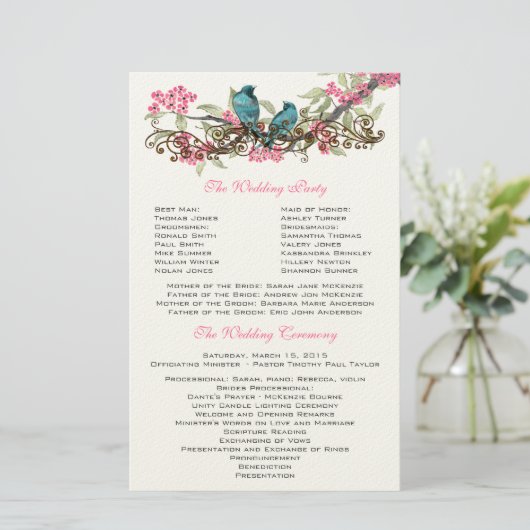 Duck Egg Blue  Birds & Pink Wedding Programme Briefpapier (Staand voorkant)