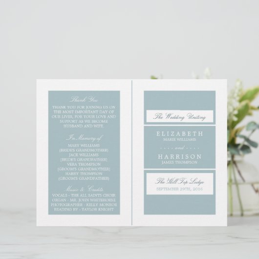 Duck Egg Blue Modern Wedding Bi-voudig Programme (Staand voorkant)