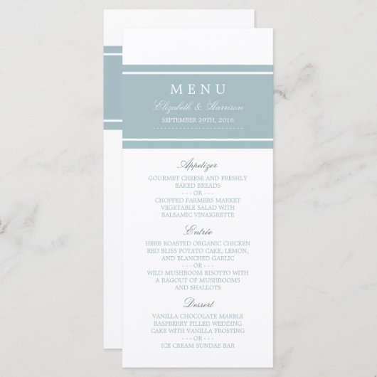 Duck Egg Blue Modern Wedding Menu (Voorkant / Achterkant)