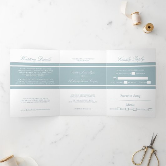 Duck Egg Blue Modern Wedding Suite Drieluik Uitnodiging (Binnen)