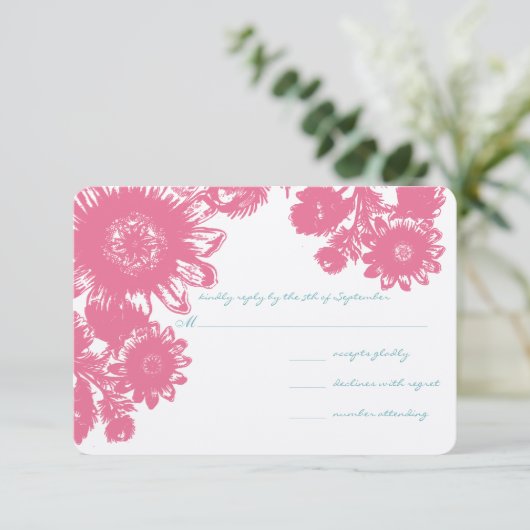 Duck Egg Blue & Pink  Flower Wedding RSVP (Staand voorkant)