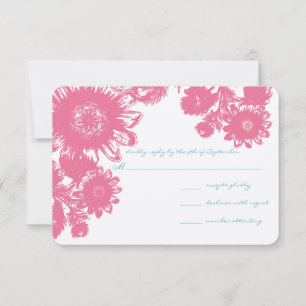 Duck Egg Blue & Pink  Flower Wedding RSVP Kaartje