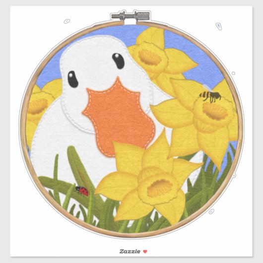 Duck en Daffodils | Embroidery Hoop Felt look Cut Sticker (Vel)
