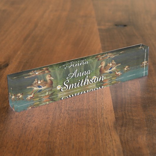 Duck Family Ducking Waterlily Pond Name Bord Naambordje (Zijkant)