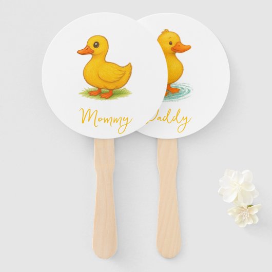 Duck, het is een Baby! Baby shower spel Handwaaier (Voorkant en achterkant)